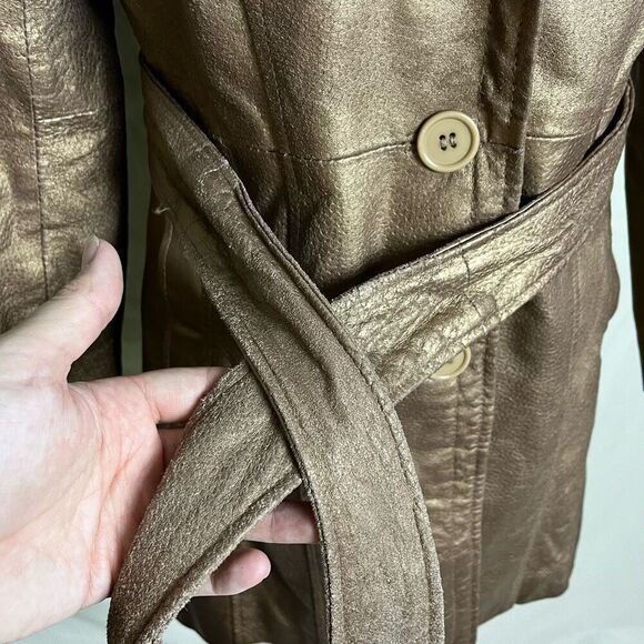 Vintage Y2K Gold Leather Short Trench Coat Belted Jacket Button Down Small - Picture 5 of 9